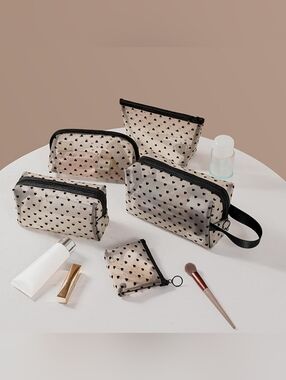 Beige Heart Print Cosmetic Bag Set with Black Trim